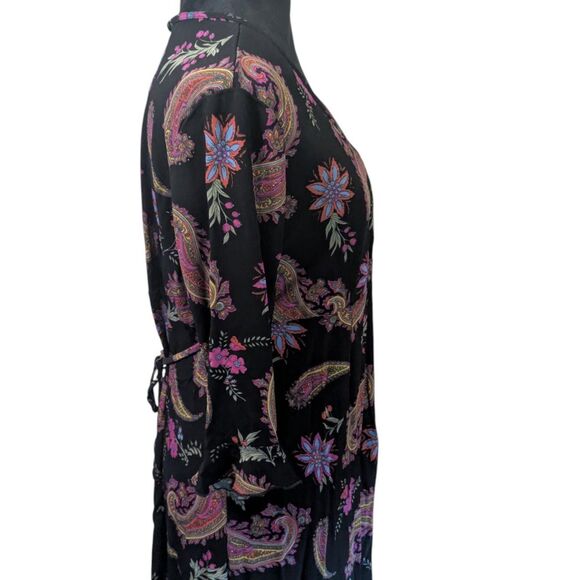 MIMI MATERNITY Paisley Wrap Dress L Black Bohemian Tie Back Long Sleeve - Picture 2 of 7